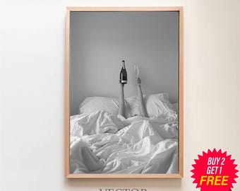 Woman Drinking Wine in Bed Print, Black and White, Feminist Poster, Alcohol Wall Art, Bar Cart Print, Room Decor, Teen Girl Bedroom Print