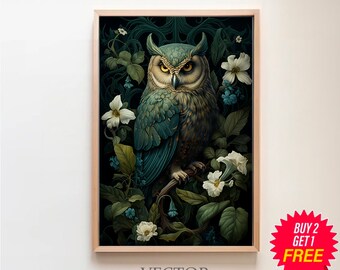 William Morris Inspired Owl Art Print, Bird Print, Forest Print, Owl Wall Art, Owl Gift, Owl Poster Bird Nature Large Wall Art Canvas