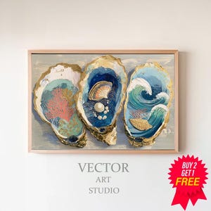 May include: A framed artwork featuring three oyster shell designs. Each shell is painted with ocean-themed elements, including coral, waves, and pearls. The shells have gold-colored edges and are set against a light gray background.