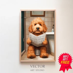 Cockapoo auf der Toilette und liest Zeitung, Badezimmer Ideen Bilder ,Funny Dog Picture, Eirichtung Ideen Badezimmer Poster, Wanddeko Bild