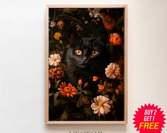 Black Cat and Flowers Gothic Floral Print, Dark Cottagecore Wall Art, Witchy Aesthetic, Botanical Vintage Painting Printable, Goth Decor