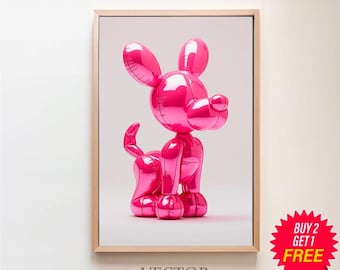 Impresión de perro con globos, arte de pared preppy rosa, impresión para amantes de los perros, póster de arte animal, arte de moda con estampado femenino, impresión de animal con globos, impresión de arte para guardería
