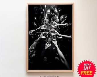 Cheers Print, Black and White, Champagne Poster, Bar Cart Print, Vintage Bar Print, Cocktail Wall Art, Alcohol Wall Decor, Digital Download