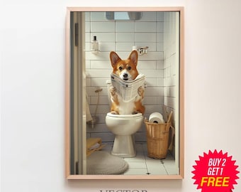 May include: A corgi dog sits on a white toilet in a bathroom, reading a newspaper. The dog is wearing a brown and white collar. The bathroom has white tile walls and a white toilet. There is a wicker basket with toilet paper next to the toilet.