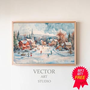 Winter Village Christmas Frame Tv Art, Neutral Small Town Painting, Christmas Decor, Digital Download