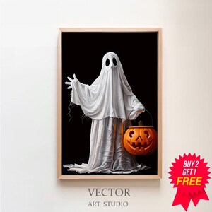 Ghost Holding A Jack O Lantern, Vintage Poster, Art Poster Print, Dark Academia, Halloween Decor, Haunting Ghost