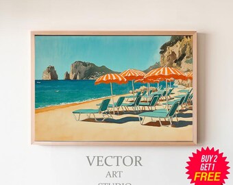 Beaches of Capri, Bright Pastels, Samsung Frame TV Art, Digital Download, Coastal Summer Beach Oil Painting