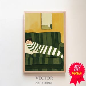 Emerald Green Abstract People Large Wall Art Contemporary Artwork Minimalist Print Living Room Wall Art  Digital Download Stripe Woman Print