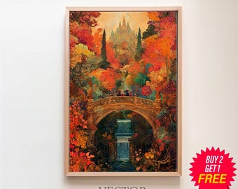 Impresión artística digital roja de Fantasy Fellowship, ilustración de anillos de poder encantadores, pintura de paisaje élfico místico, regalo de cumpleaños