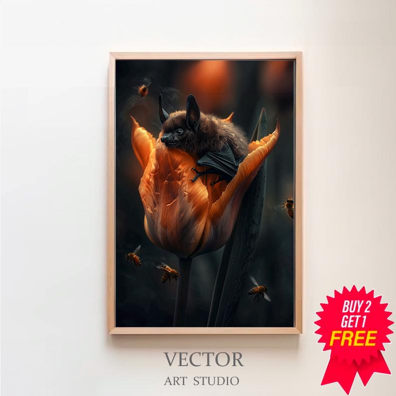 Vintage Bat Painting, Bat in Spring Flowers Antique Painting, Fantasy Whimsical Nocturnal Animal, Orange Dark Botanical Gallery Wall