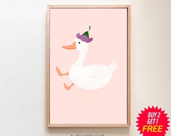 Silly Goose Wall Art, Cute Goose Poster, Girl Nursery Decor, Farm Animal Printable, Geese and Flowers, Children's Room Print, Goose Theme