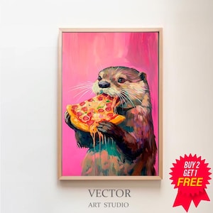 Arte de pared imprimible, linda nutria comiendo pizza, pintura al óleo maximalista, comedor de dopamina, póster de comida vívida, impresión de cocina colorida y moderna