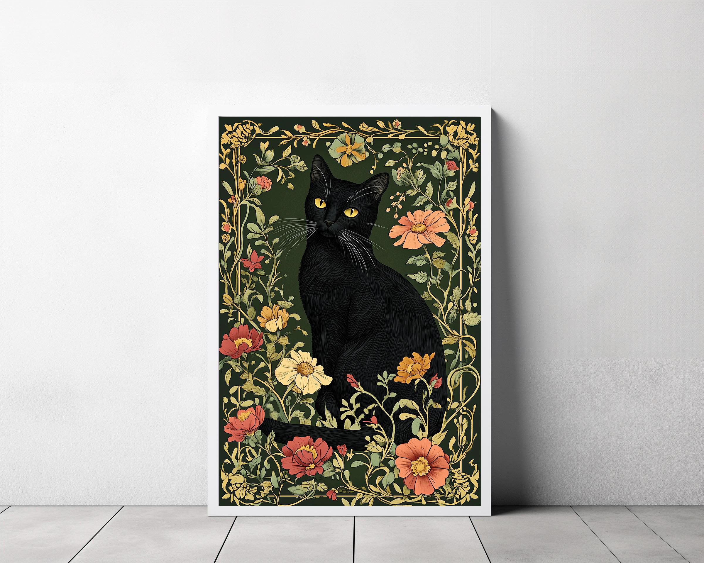 William Morris, Black Cat Botanical Stained Glass Wall Art Print