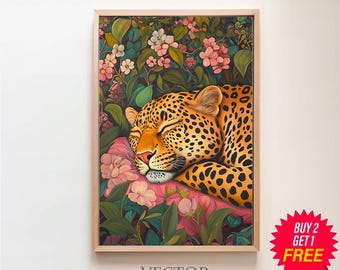 Printable Wall Art, Sleeping Leopard Maximalist Oil Painting, Kitsch Wild Animal Eclectic Floral Print, Bold Pink Dopamine Bedroom Poster