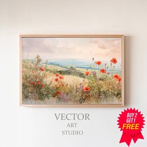 Samsung FRAME TV art Summer wildflower field by sea, Cottagecore tv art download, Vintage Spring field of flowers tv art warm tone