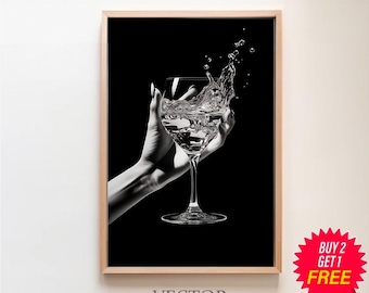 Poster di champagne in bianco e nero, stampa da bar vintage, download digitale, arte murale da cocktail, stampa di alcolici, stampa di carrelli da bar, decorazione da parete, tela