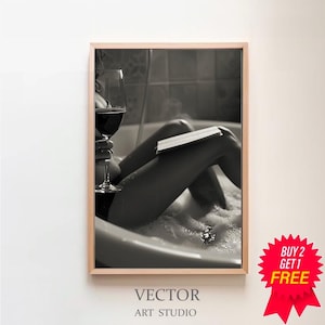 Woman Drinking Wine & Reading in Bathtub Print, Feminist Poster, Black and White, Cocktail Wall Art, Digital Download, Girls Bathroom Decor