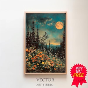 Wildflowers at Night - Dark Cottagecore Prints - Moody Vintage Art - Dark Forest Art - Botanical Painting - Dark Academia - Nature Aesthetic