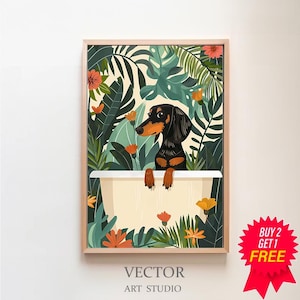 Dachshund Wall Art, Boho Jungle Bathtub Print, Maximalist Botanical Decor, Eclectic Tropical Poster, DIGITAL, Black Blue Tan Dog Owner Gift