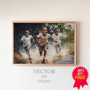 African Children Playing in Rain - Black Art - African Kids Playing - African Art - African Home Decor - African Gift - African Wall Art