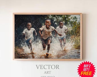 Bambini africani che giocano sotto la pioggia - Arte nera - Bambini africani che giocano - Arte africana - Arredamento africano - Regalo africano - Arte murale africana