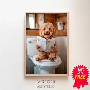 Pode incluir: Um cão castanho e branco está sentado em um vaso sanitário branco, lendo um jornal. O cão está em um banheiro com painéis de madeira e um piso de azulejos brancos.