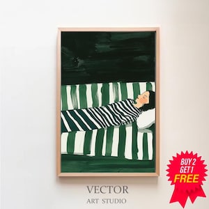 Emerald Green Abstract People Large Wall Art Contemporary Artwork Minimalist Print Living Room Wall Art  Digital Download Stripe Woman Print