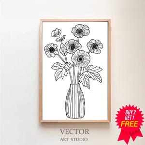 Abstract Botanical Digital Download, Beige Black Wall Art, Floral Illustration Botanical Print, Neutral Flower Vase Beige Printable Art