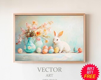 Frame TV Art Easter Bunny, Instant Download, Spring Frame TV Art, Samsung Frame Art vintage style, Spring TV Art Rabbit with Easter Eggs