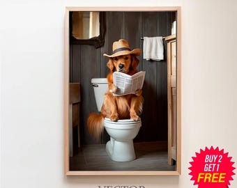 Golden Retriever Art, Funny Bathroom Decor, Dog in Toilet, Animal in toilet, Printable Digital Download, Kids Bathroom Wall Art