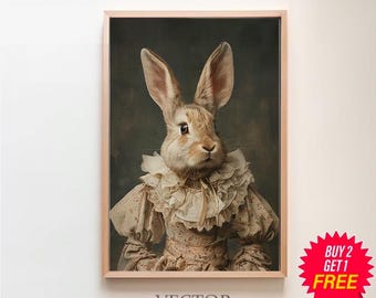 Victorian White Rabbit Painting, Emily Bunny Vintage Portrait