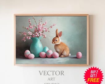 Frame TV Art Easter Bunny, Instant Download, Spring Frame TV Art, Samsung Frame Art vintage style, Spring TV Art Rabbit with Easter Eggs