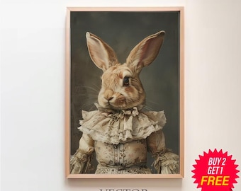 Victorian White Rabbit Painting, Emily Bunny Vintage Portrait, Whimsical Animal, Dark Forest Gallery Wall, Royalcore, Regency Aesthetic
