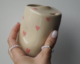 Pink Hearts Ceramic Travel Tumbler with Sip Lid: Cute Sippy Cup, Ceramic Travel Coffee Cup with Half Lid