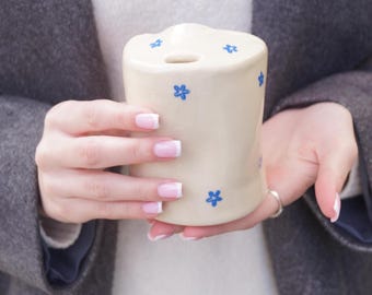 Ceramic To Go Mug, Travel Mug With Lip, Handmade Blue Floral To Go Tumbler Cup with Sip Hole, Half Lid Coffee Mug
