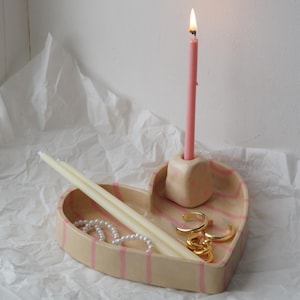 Ceramic Heart Tray - Pink Striped Jewelry Dish, Handmade Trinket Holder & Organizer, Cute Jewelry Dish, Jewelry Storage