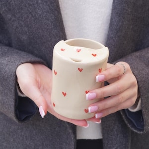 Hand-Painted Red Hearts Ceramic Travel Mug with Lid: Handmade Coffee Tumbler | PREORDER