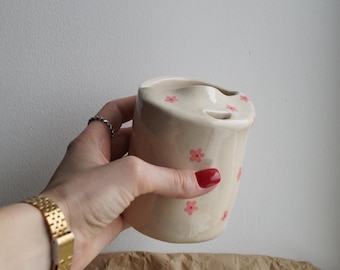 Pink Floral Ceramic Travel Mug with Lid: 300ml, Ceramic Fall To Go Mug, Pottery Travel Mug Half Lid, Sippy Mug, Coffee Take Away Cup