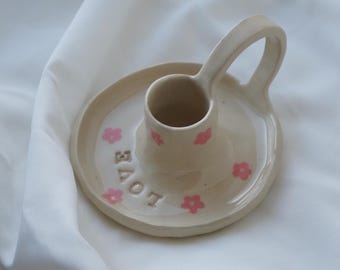 PREORDER - Personalized Ceramic Candle Holder: Pink Floral Taper Candlestick