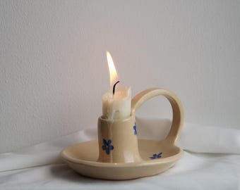 Floral Ceramic Candle Holder: Handmade Clay Candlestick, Blue Flower Decor, Fall Hosting