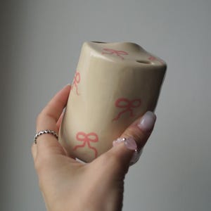 Handmade Pink Coquette Bow Travel Mug, Ceramic To Go Tumbler, Ceramic Travel Mug wih Half Lid, To Go Mug with Lid, Sippy Mug, No Handle Mug