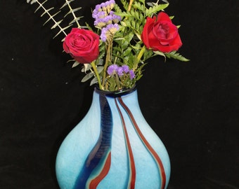 Baby Blue Oval Striped Hand Blown Glass Flower Vase Home Decoration