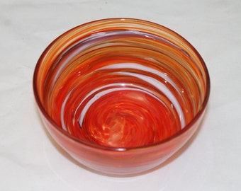 Semi-Transparent Red and White Swirled Hand Blown Glass Bowl Home Decoration