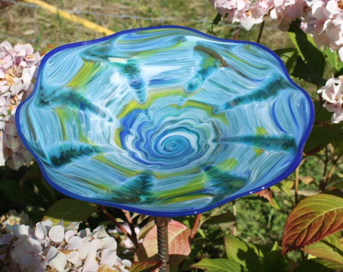 Ocean Blue Hand Blown Glass Bird Bath Garden Art Sculpture Etsy