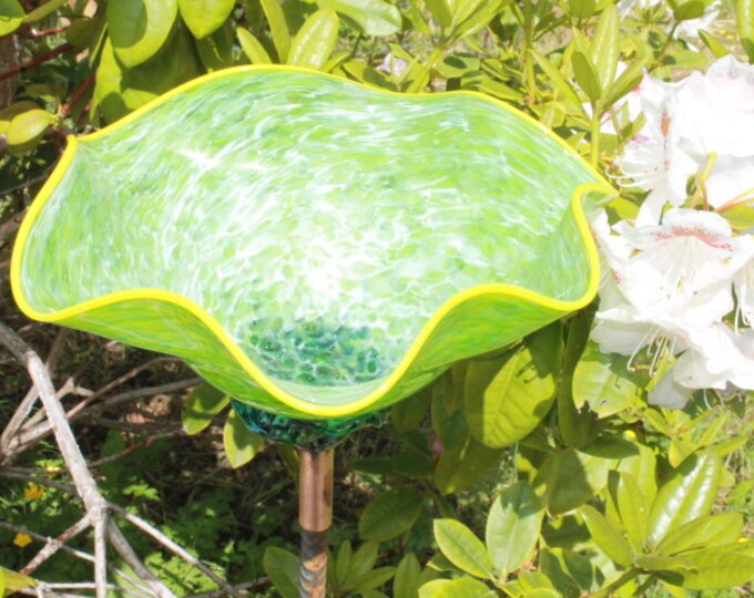 Lime Green Hand Blown Glass Flower or Deep Bird Bath Garden Art