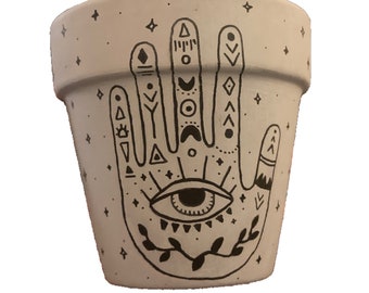 Hand Painted Mystical Evil Eye Hand Design 4&quot; Terracotta Pot ~ Indoor Planter ~ Home Decor ~ Flower Pot ~ Plant Pot ~ Clay Pot ~ Gift Ideas