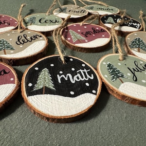 Pode incluir: Um conjunto de 11 enfeites de madeira pintados com uma cena de inverno. Cada enfeite apresenta uma pequena árvore de pinho verde, neve branca e um nome escrito em preto. Os nomes incluem: Lis, Lexi, Delon, Andrea, Matt, Sandra, Anita, Jerry, Leo, Julia e Riatt.