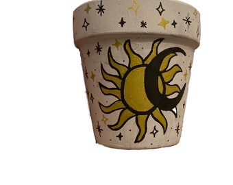 Hand Painted Sun & Moon Mystical Design 3&quot; Terracotta Pot ~ Indoor Planter ~ Home Decor ~ Flower Pot ~ Plant Pot ~ Clay Pot ~ Gift Ideas