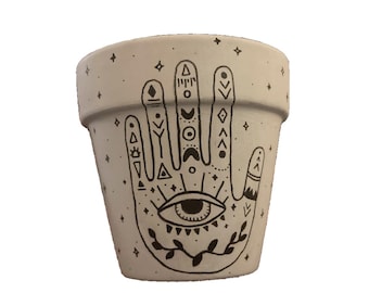 Hand Painted Mystical Evil Eye Hand Design 4&quot; Terracotta Pot ~ Indoor Planter ~ Home Decor ~ Flower Pot ~ Plant Pot ~ Clay Pot ~ Gift Ideas