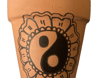 Hand Painted Yin Yang Flower 3&quot; Terracotta Pot ~ Indoor Planter ~ Home Decor ~ Flower Pot ~ Plant Pot ~ Clay Pot ~ Gift Ideas